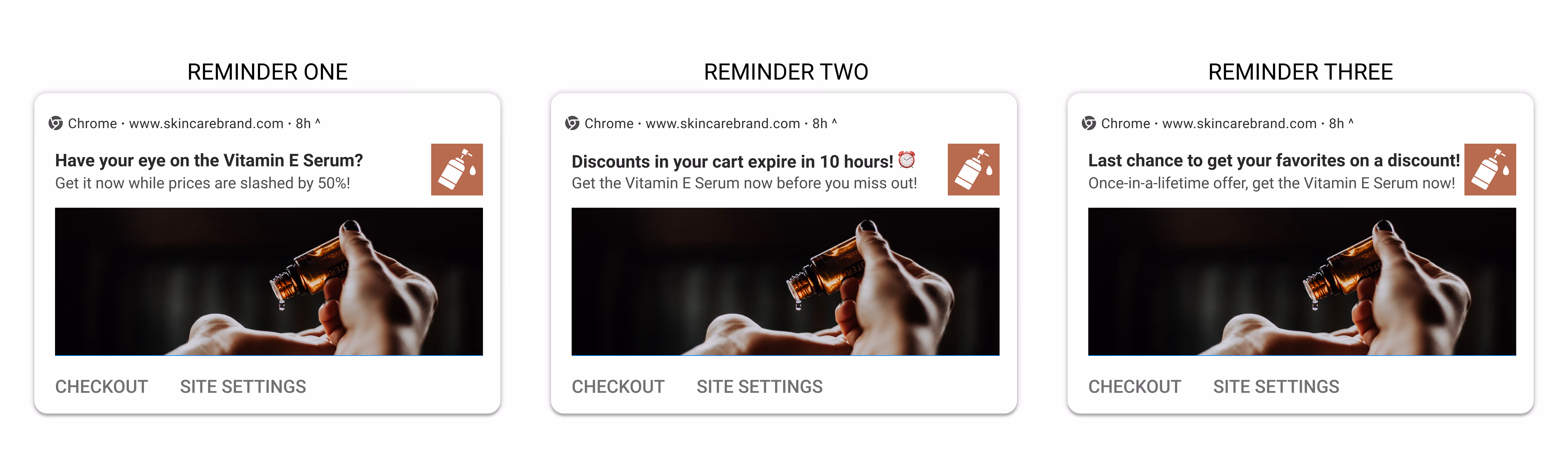 Sequential push notifications for Vitamin E Serum, showing reminders for discounts, expiring cart, and last chance to buy, each featuring a hand holding the serum bottle.