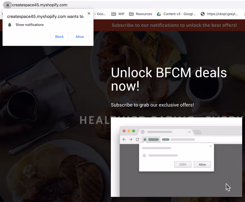 A push notification asking the user to allow notifications from "createspace45.myshopify.com," promoting BFCM (Black Friday Cyber Monday) deals.