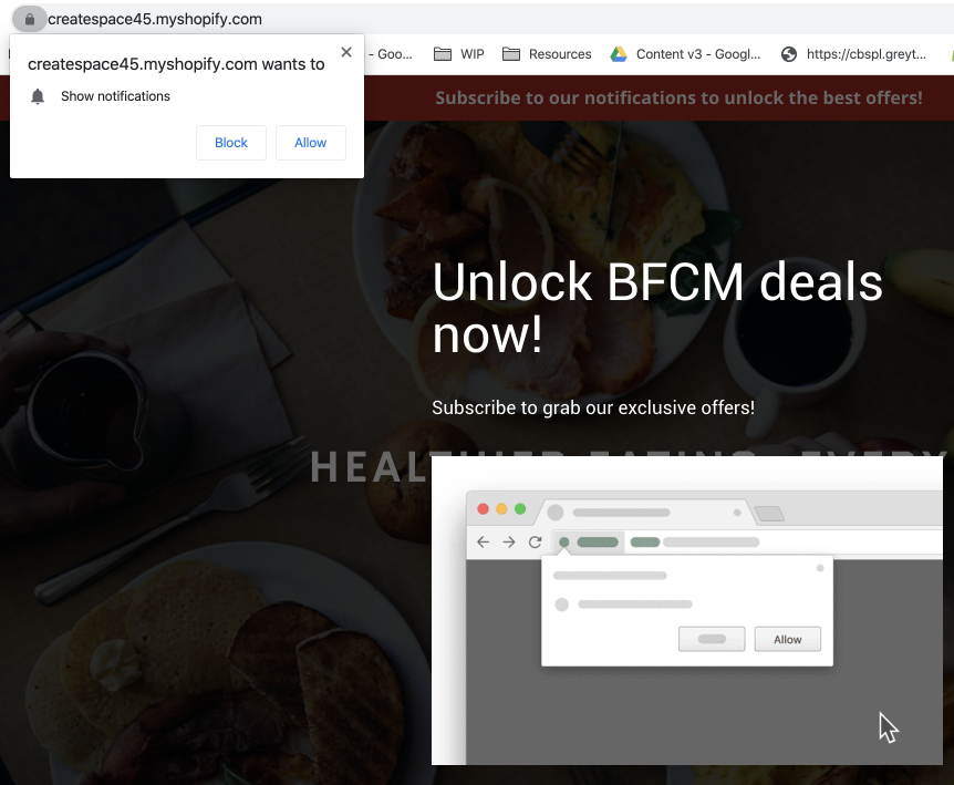A push notification asking the user to allow notifications from "createspace45.myshopify.com," promoting BFCM (Black Friday Cyber Monday) deals.