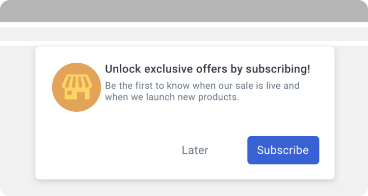  A browser notification offering exclusive deals by subscribing, with options to "Later" or "Subscribe."
