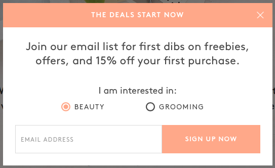 A pop-up asking users to join an email list for exclusive offers and a 15% discount on the first purchase, with options to select between "Beauty" or "Grooming."