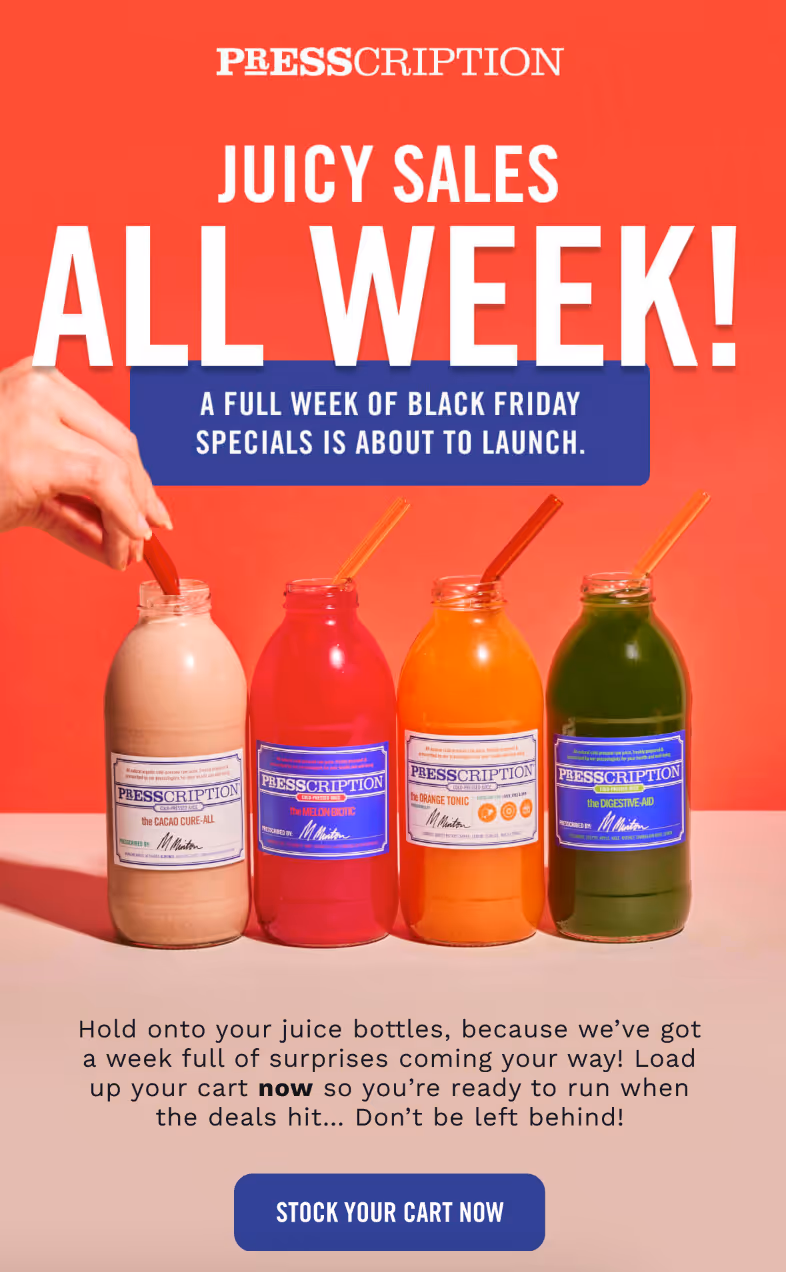 Daily deal announcement for BFCM by an e-commerce juice brand