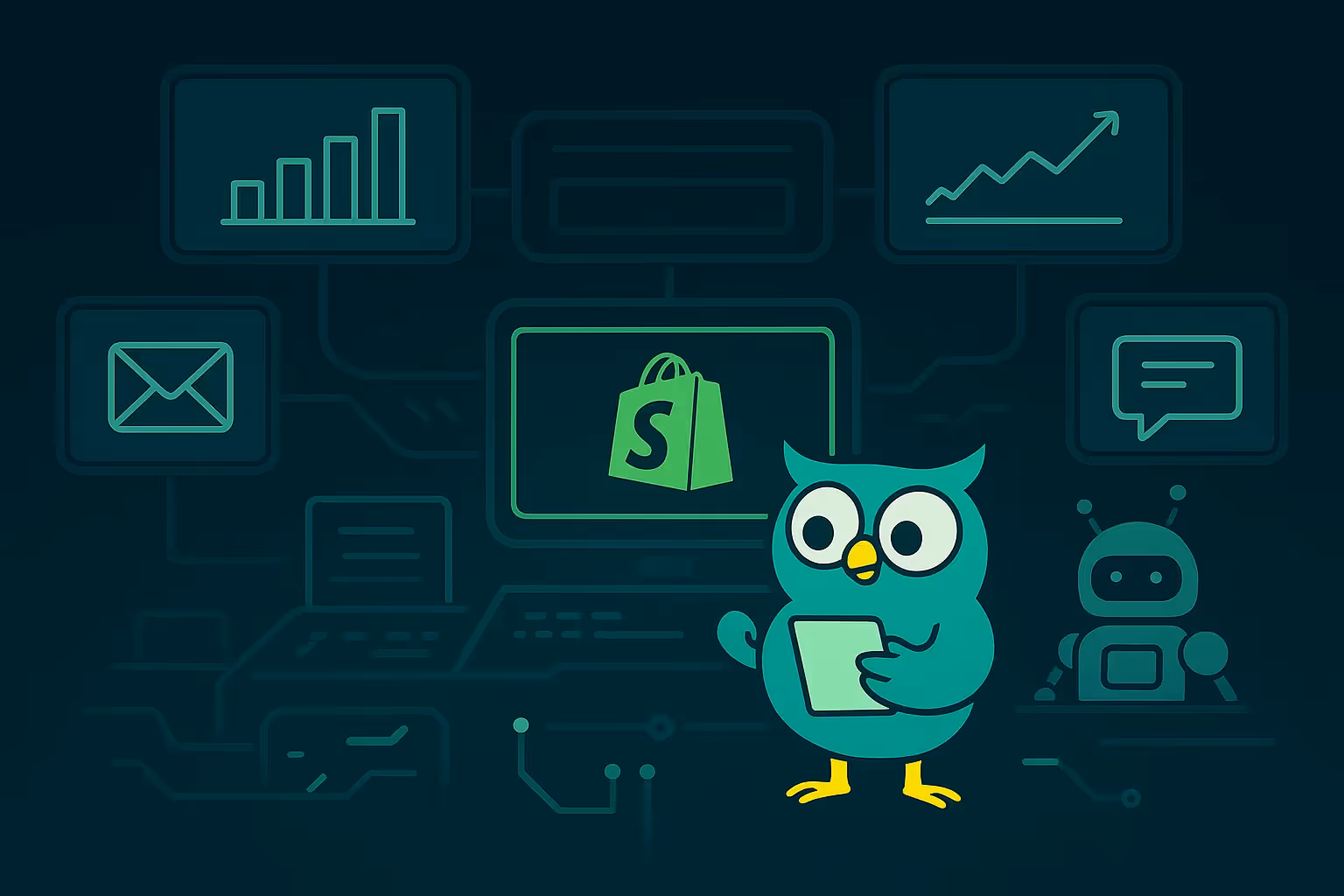 PushOwl logo inside an AI control room during Black Friday weekend, coordinating omnichannel marketing for Shopify store