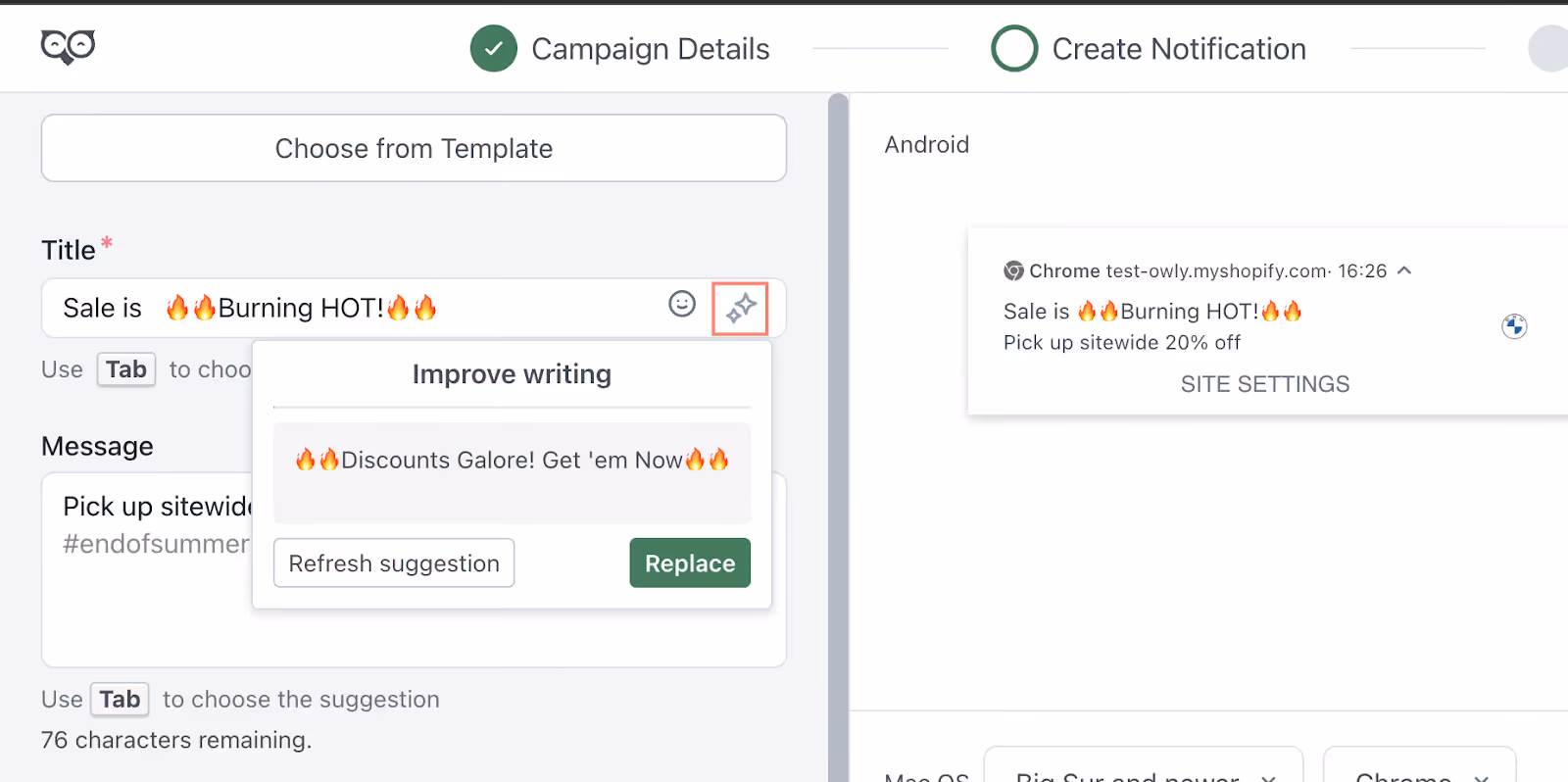 Example of how AI Assist auto-completed your campaign title and message during Cyber Monday
