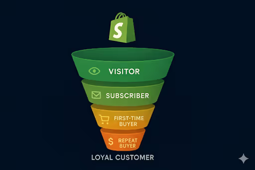 Funnel of a Shopify customer across the buying lifecycle, from visitor to subscriber, to first-time buyer, to repeat buyer