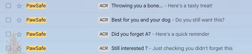 Screenshot of inbox showing 4 emails by Pawsafe with abandoned cart email subject lines