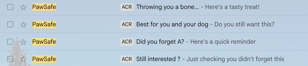 Screenshot of inbox showing 4 emails by Pawsafe with abandoned cart email subject lines