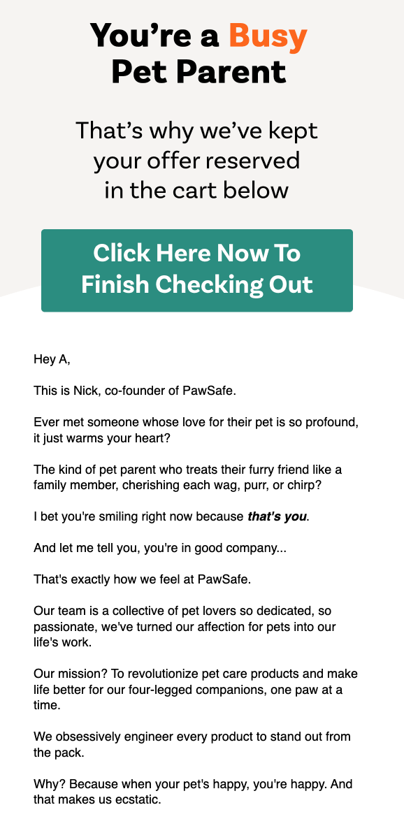 Email screenshot by Pawsafe encouraging customer not to abandon their shopping cart as part of its abandoned cart recovery campaign