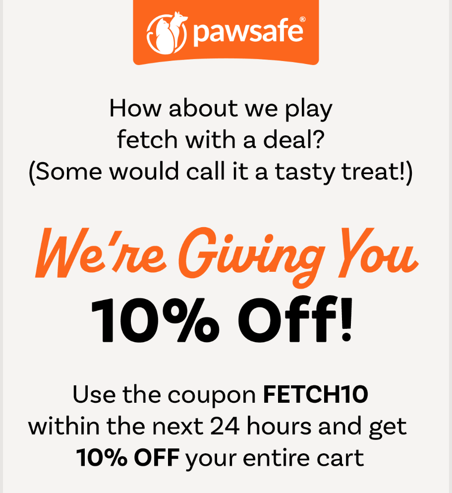 Pawsafe email offering a 10% discount to nudge customer not to abandon their cart