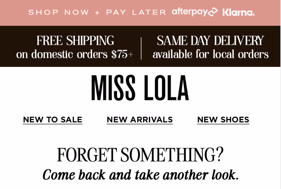 Miss Lola ACR email campaign with the headline “Forgot Something? Come back and take another look.”