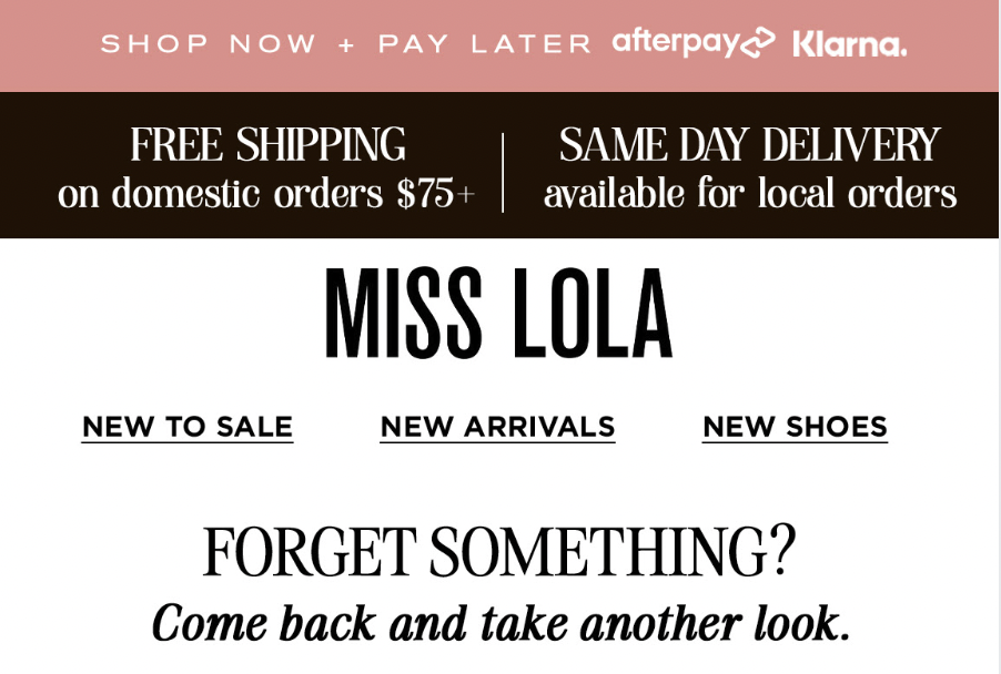Miss Lola ACR email campaign with the headline “Forgot Something? Come back and take another look.”