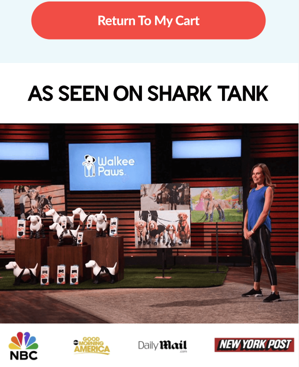 Walkee Paws ACR email campaign showing media logos and Shark Tank clip