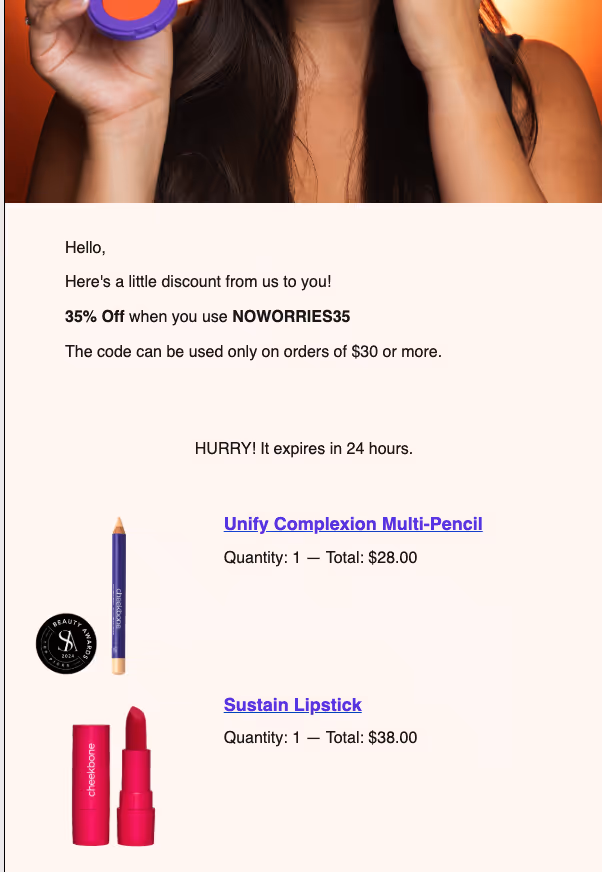 Cheekbone Beauty ACR email offering a 35% discount