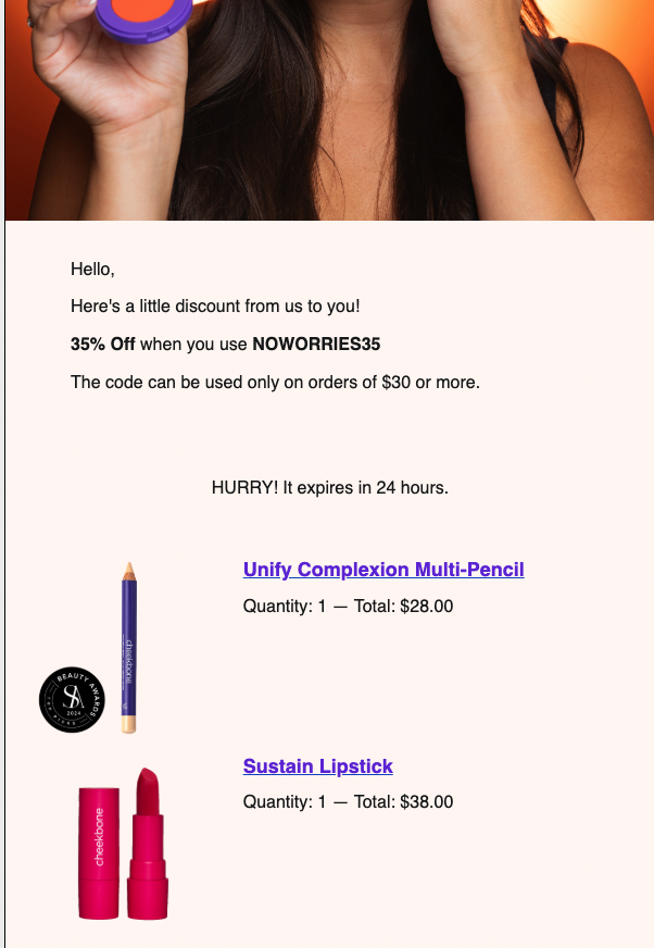 Cheekbone Beauty ACR email offering a 35% discount