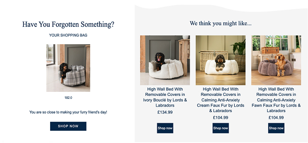 Lords & Labradors product recommendations in cart email