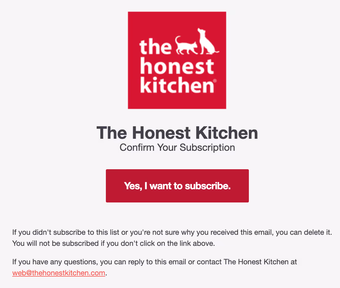 double opt-in email to confirm subscription from The Honest Kitchen