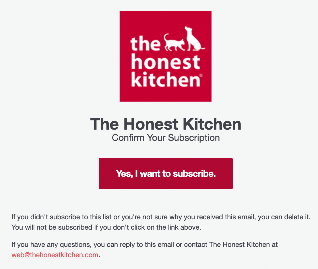 double opt-in email to confirm subscription from The Honest Kitchen