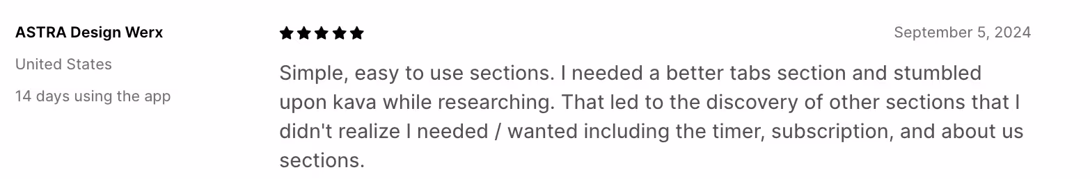 KAVA review talking about customizable website sections