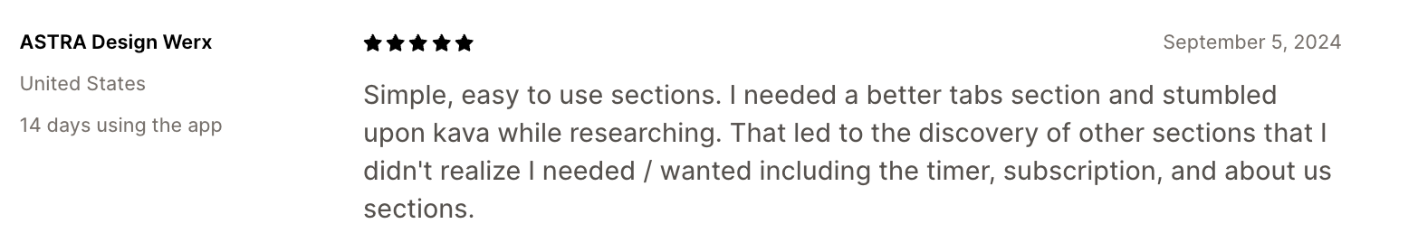 KAVA review talking about customizable website sections