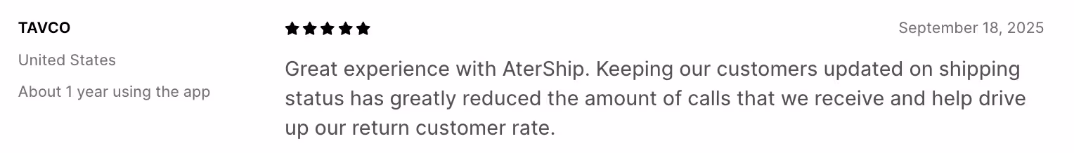 Aftership review mentioning smooth updates in post-purchase communication
