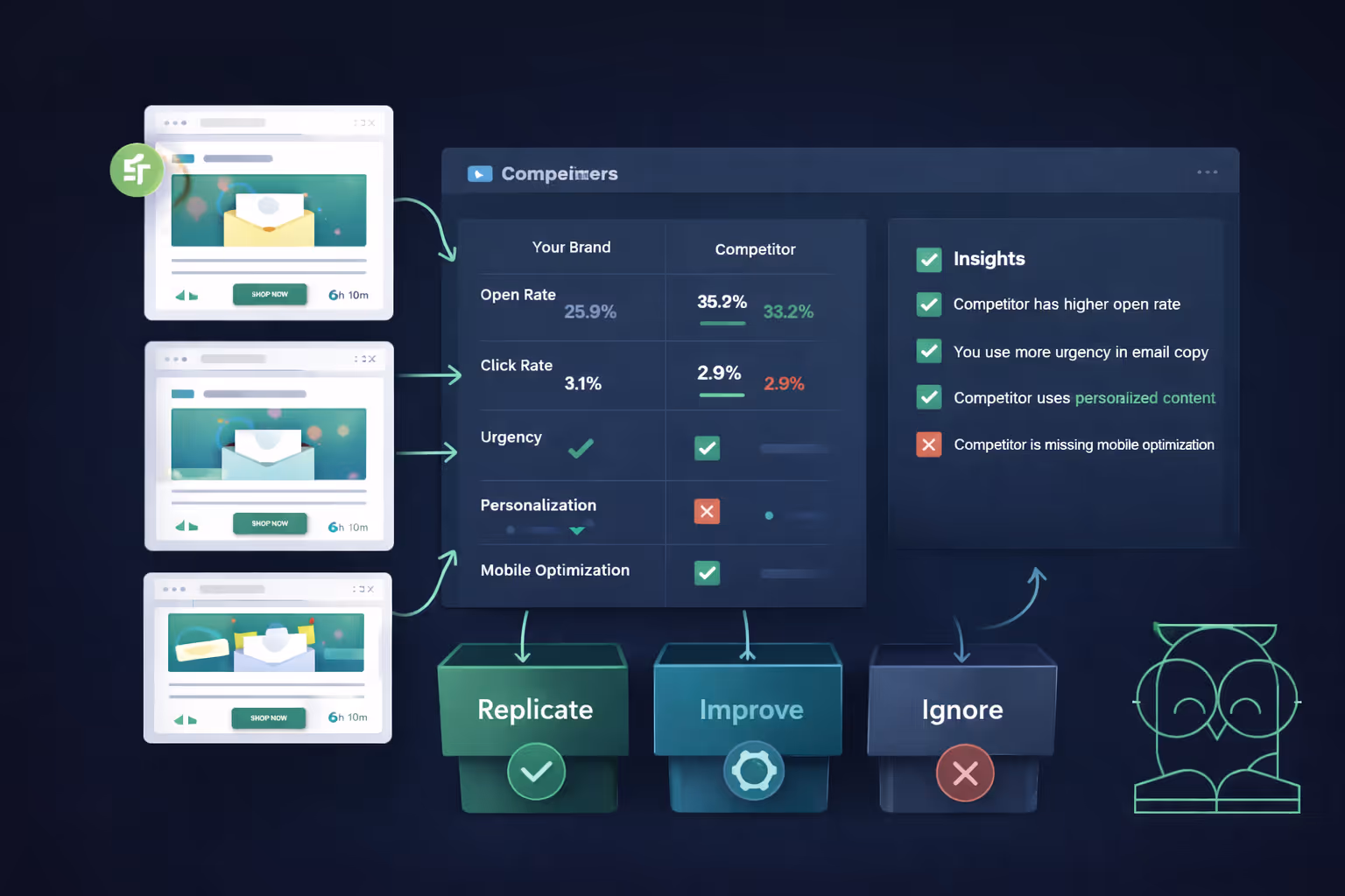 Dashboard comparing competitor emails with your brand’s emails
