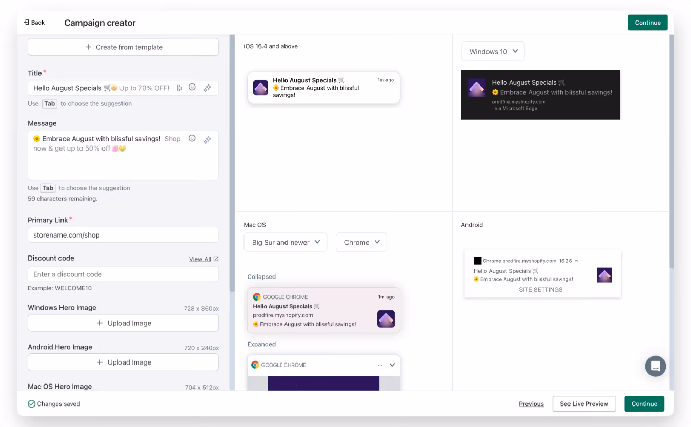 web push notifications support emails