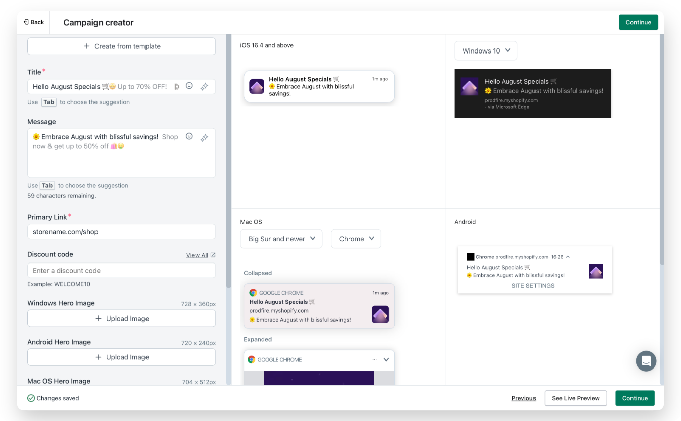 web push notifications support emails