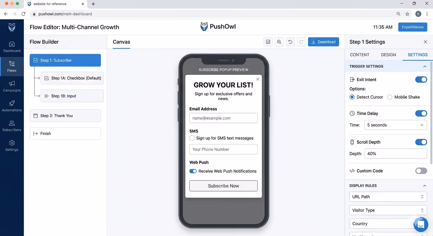 PushOwl exit intent popup for Shopify