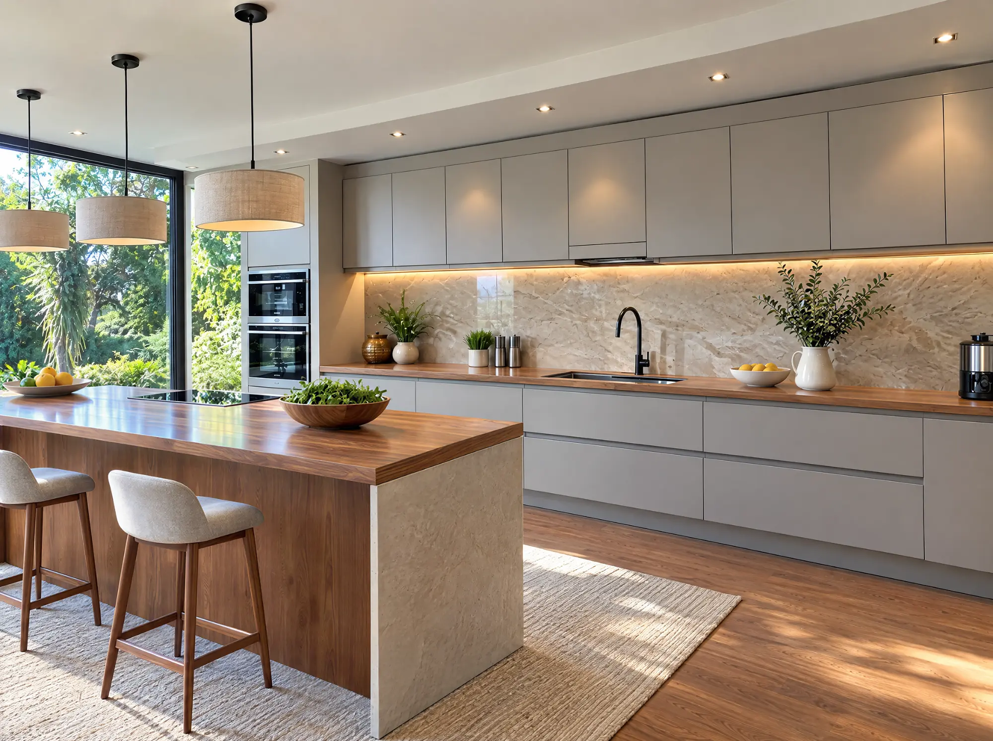 Modern kitchen with flat white cabinets, a wood-grain island with stools in Heritage Mountain, Port Moody