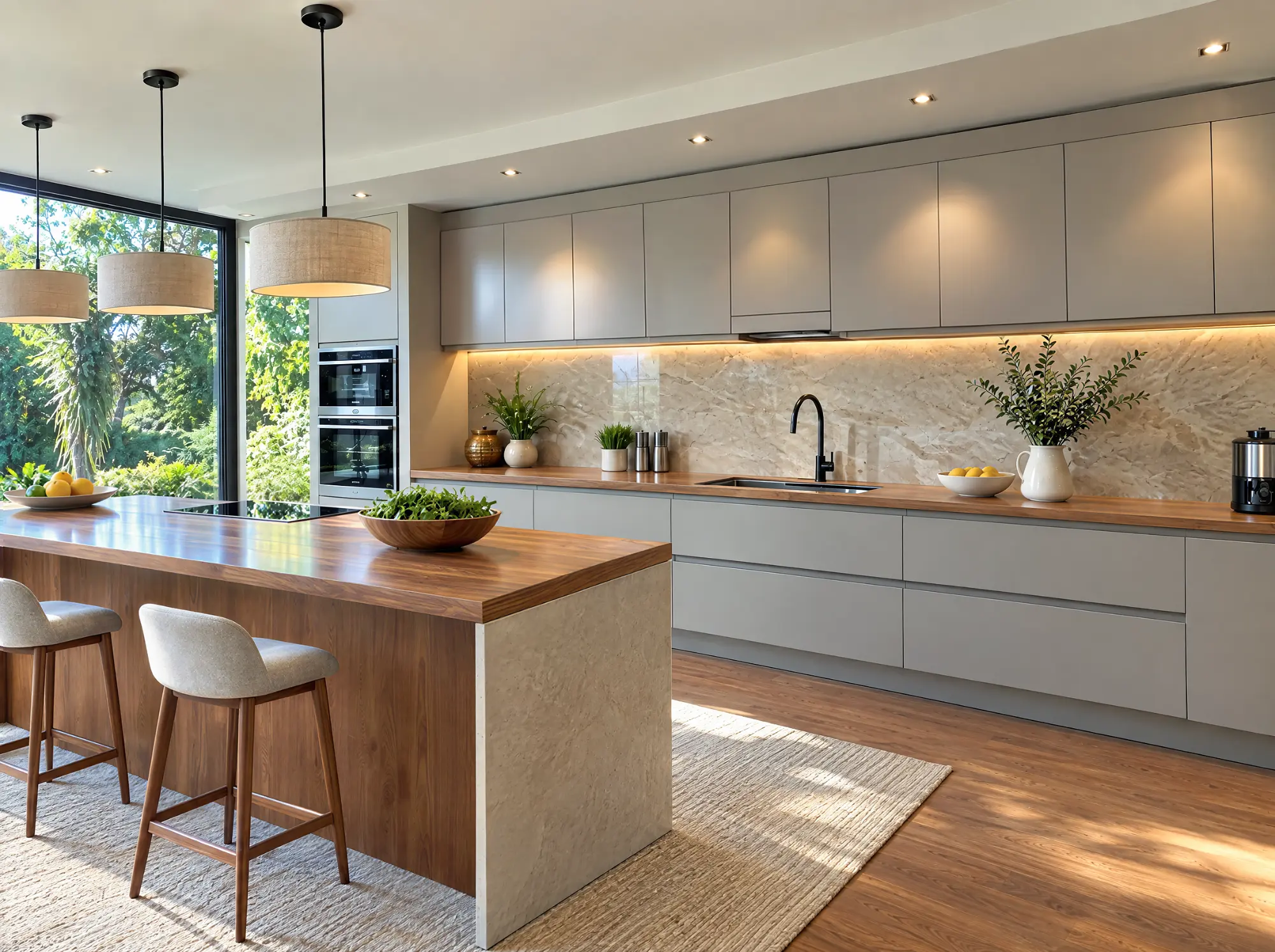 Modern kitchen with flat white cabinets, a wood-grain island with stools in Heritage Mountain, Port Moody