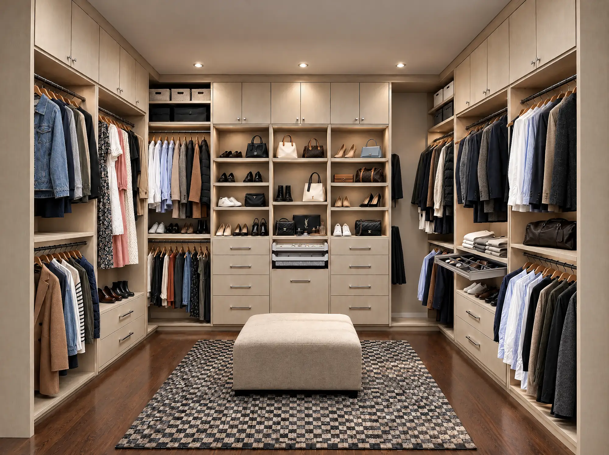 Walk-in closet with light wood-grain cabinets, lit shoe and handbag shelves, centre drawers in Deep Cove, North Vancouver