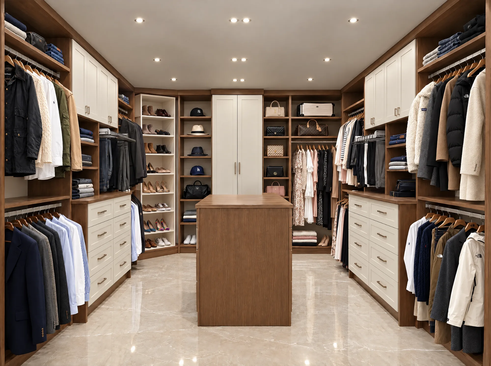 Walk-in closet with dark wood-grain shelving, cream shaker drawers in Buckingham Heights, Burnaby