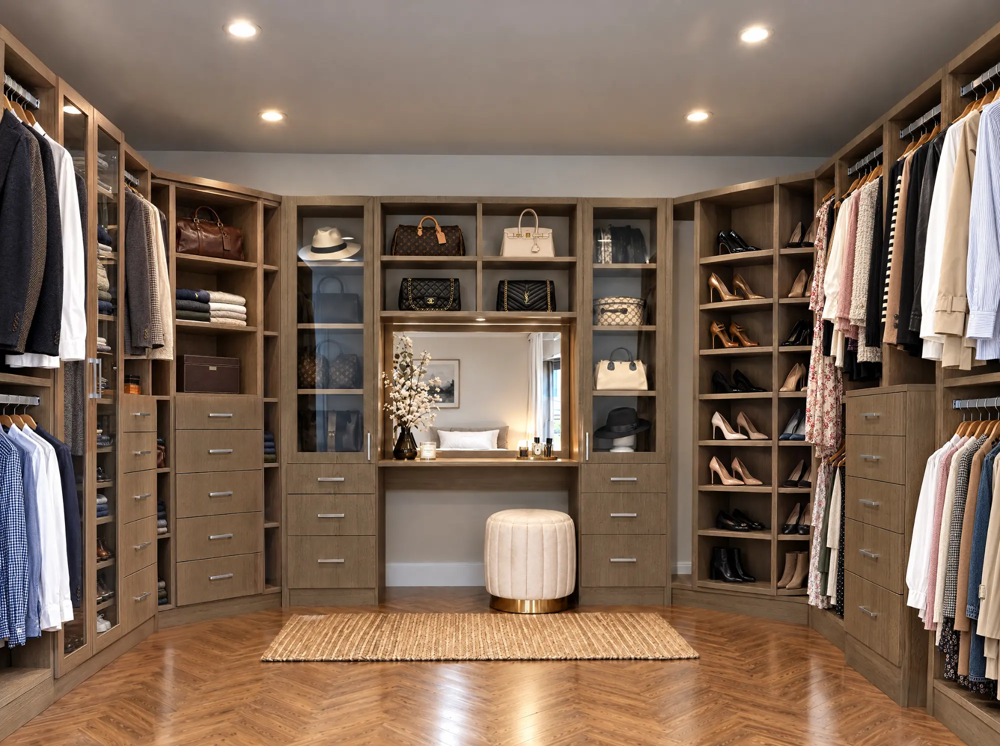 Walk-in closet with light wood-grain cabinets, shoe towers, a vanity with mirror, and drawer banks in Terra Nova, Richmond