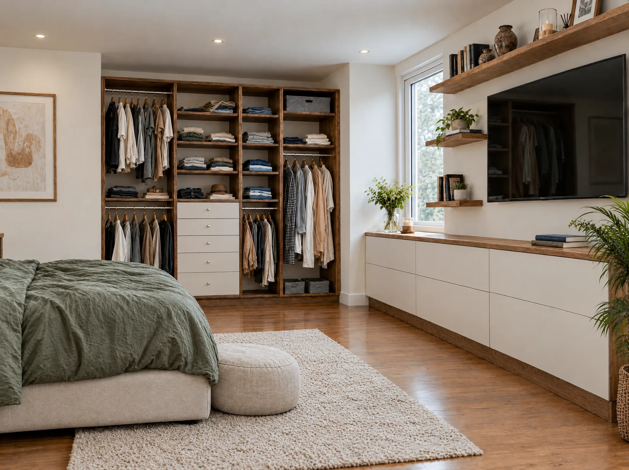 Bedroom with an open dark wood-grain closet with double hanging rods, shelves and drawers in Elgin Chantrell, Surrey