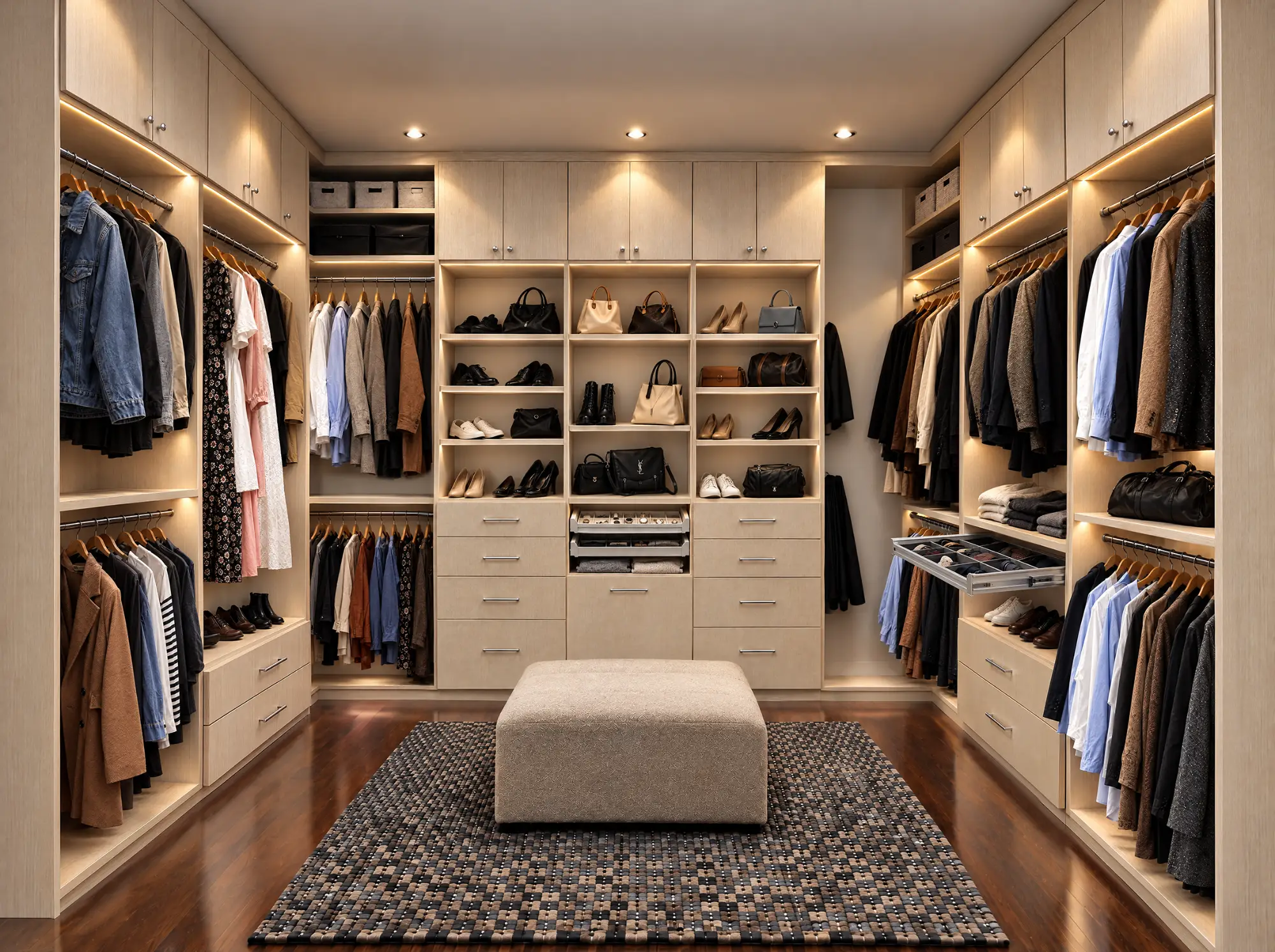 Walk-in closet with light wood-grain cabinets, lit shoe and handbag shelves, centre drawers in Deep Cove, North Vancouver