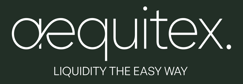AequiteX logo with the tagline 'Liquidity the easy way' on a dark background.