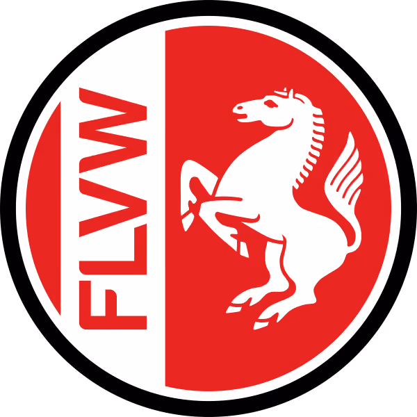 Circular logo split vertically, left side white with red letters 'FLVW' stacked, right side red with white rearing horse illustration.