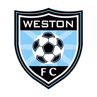 Weston FC logo featuring a black and white soccer ball on a blue and light blue radial background within a black shield.