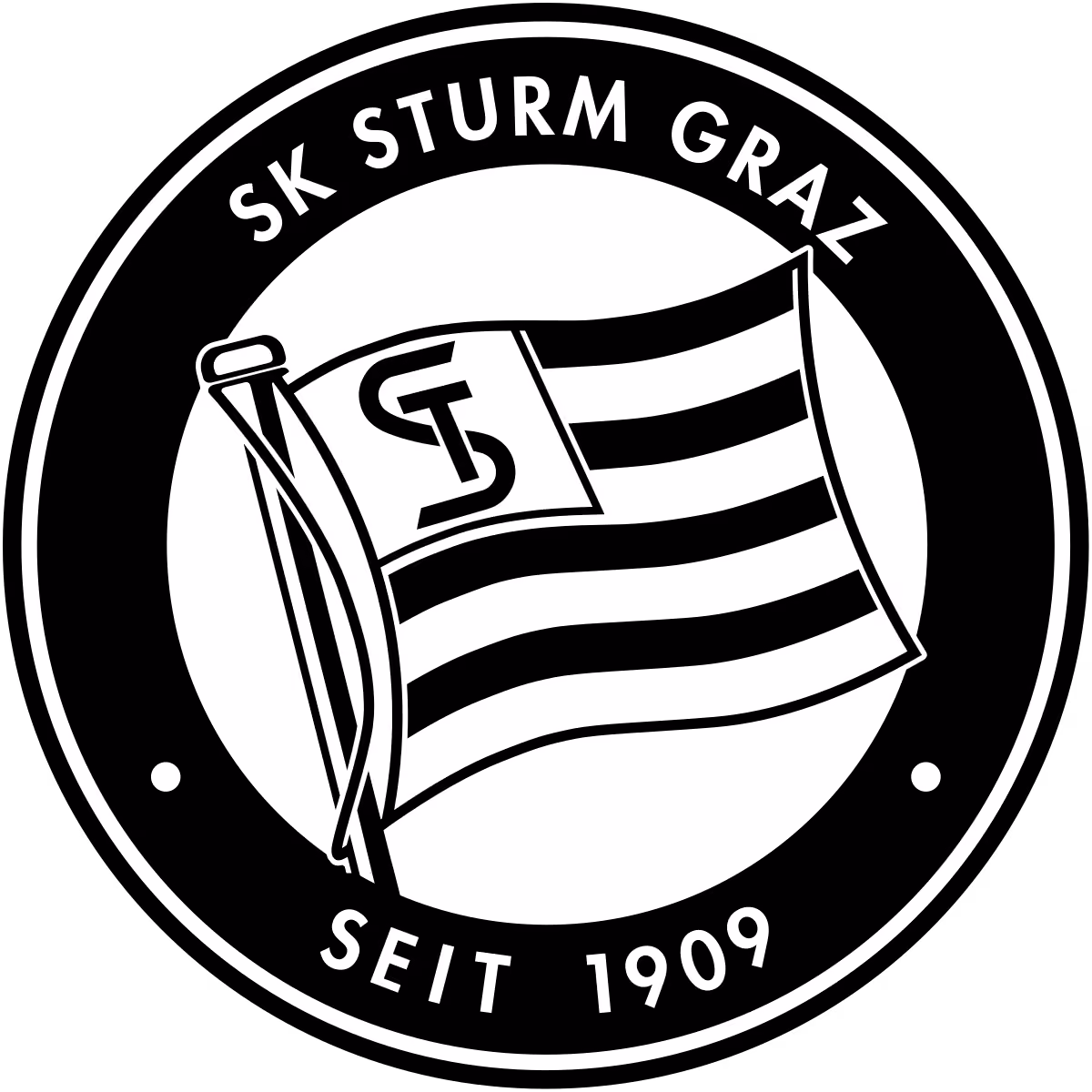 Black and white circular emblem with a waving flag in the center bearing the letters ST, surrounded by the text SK Sturm Graz and Seit 1909.
