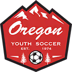 Oregon Youth Soccer logo with white stylized mountains, a soccer ball, a tree, and the text 'Oregon Youth Soccer EST. 1974' on a red shield background.