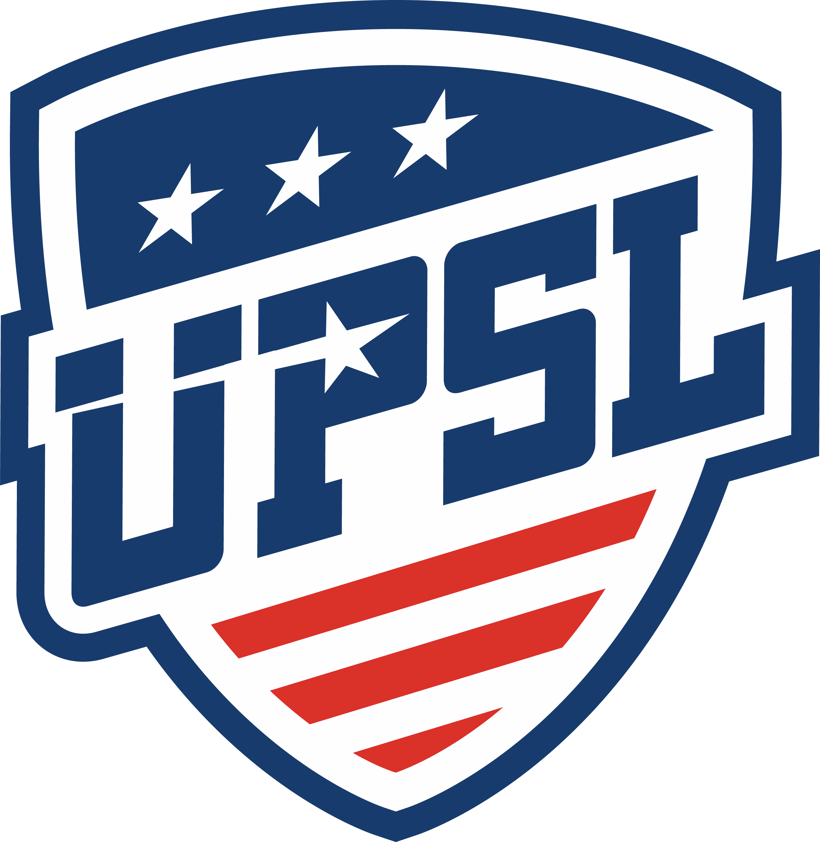 Shield-shaped logo with blue border, three white stars on top, red stripes on bottom, and bold blue letters UPSL in the center.