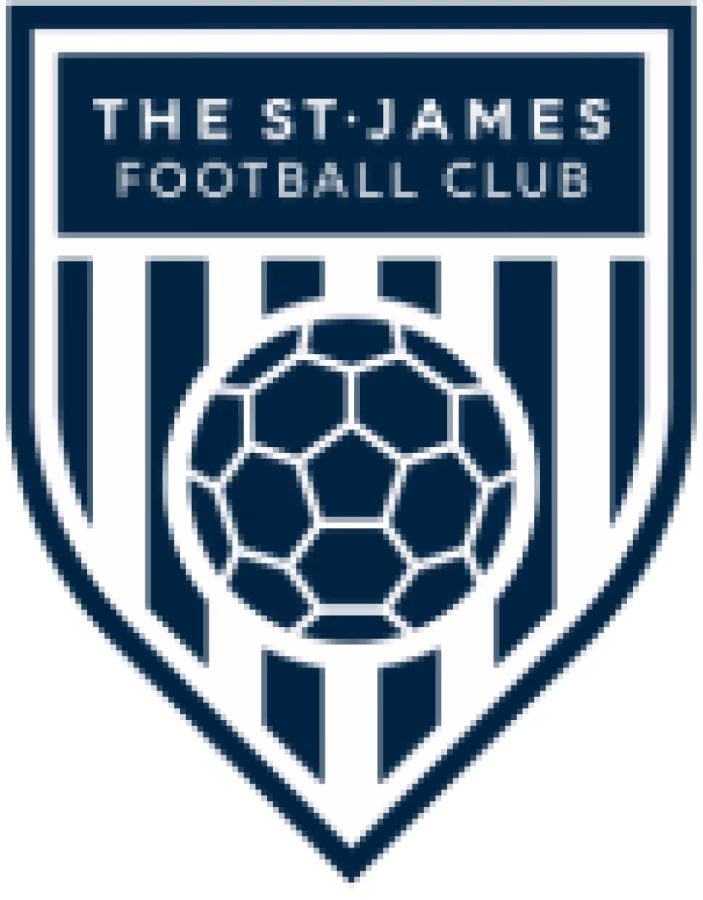 Shield-shaped logo with vertical stripes and a central soccer ball, topped by text reading 'THE ST JAMES FOOTBALL CLUB'.