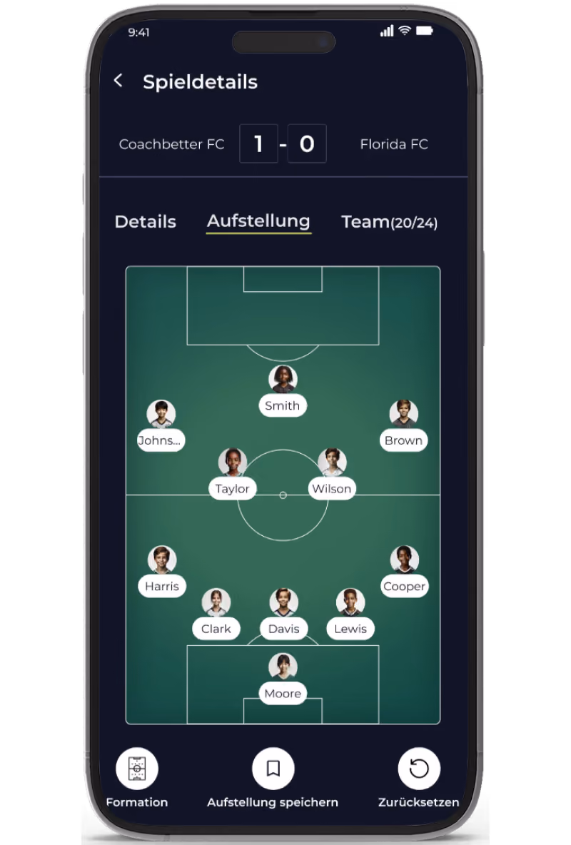 Mobile app screen showing a soccer formation for Coachbetter FC leading 1-0 against Florida FC with player names placed on positions on the field.