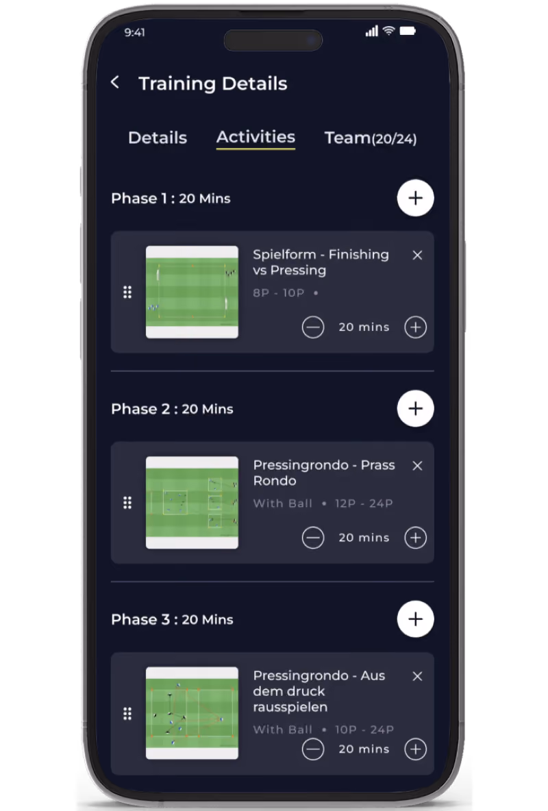 Mobile screen showing a training plan with three phases, each 20 minutes, featuring soccer drills named Spielform - Finishing vs Pressing, Pressingrondo - Prass Rondo, and Pressingrondo - Aus dem druck rauspielen, including diagrams of player positions on a soccer field.