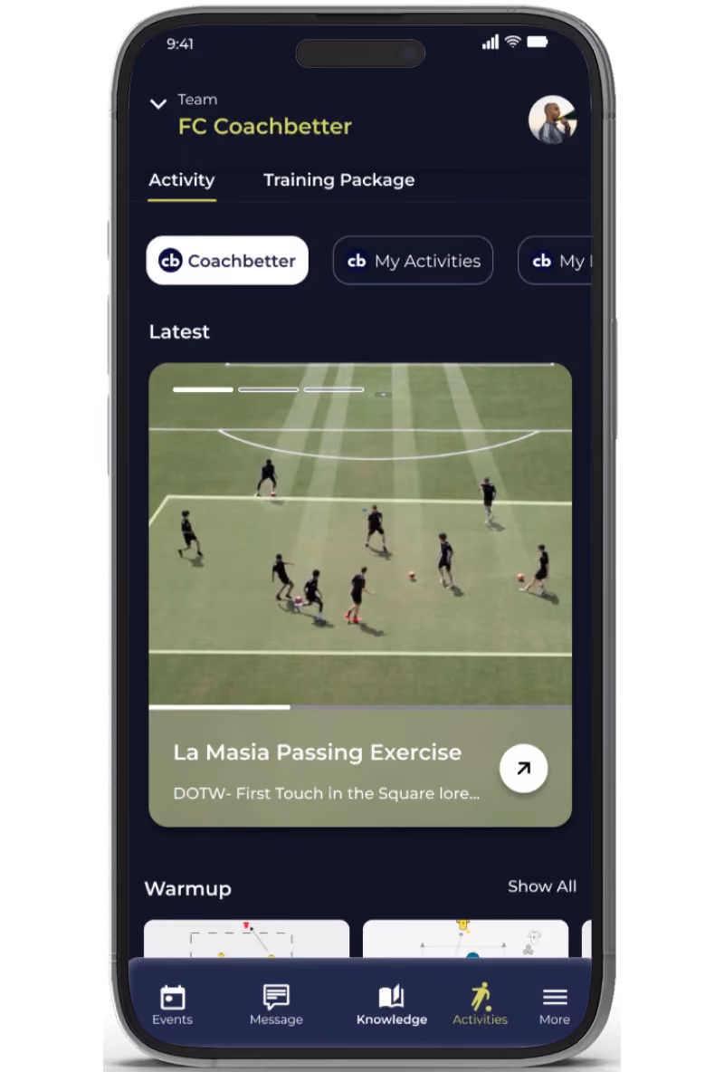 Mobile app screen showing FC Coachbetter team’s training activities with La Masia Passing Exercise video preview on a soccer field.