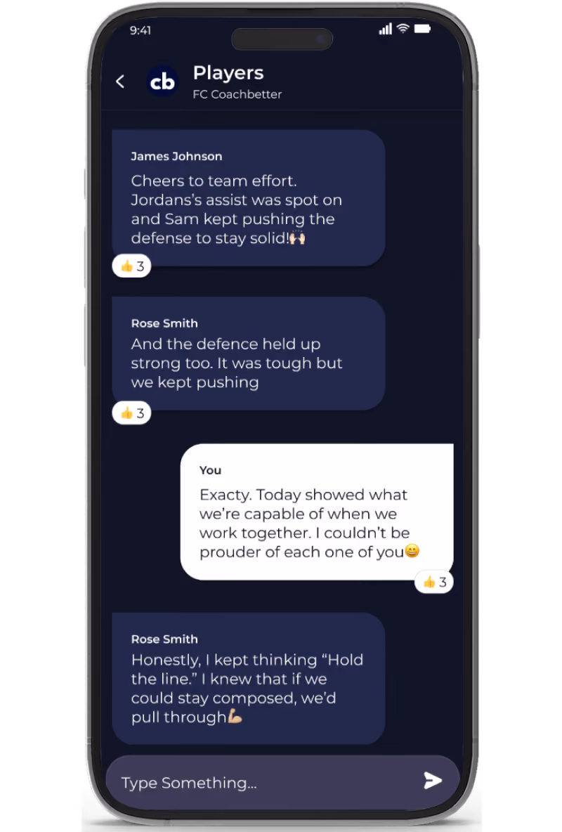 Smartphone screen showing a group chat titled Players FC Coachbetter with messages praising teamwork and defense efforts in a sports context.