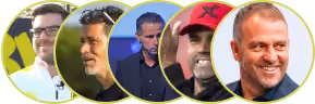 Portraits of six male coaches with a blurred outdoor or stage background, arranged in a curved collage.