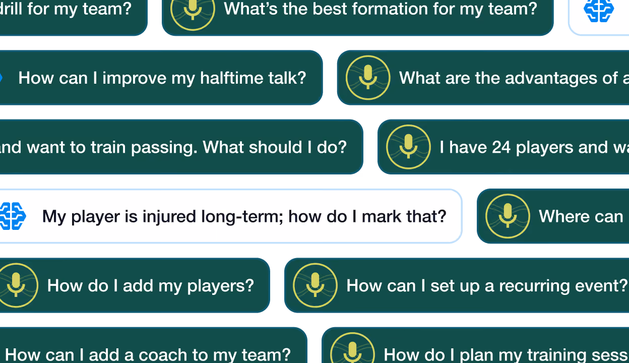 Chat interface showing questions about team management, player injury, training drills, formations, and adding players or coaches.