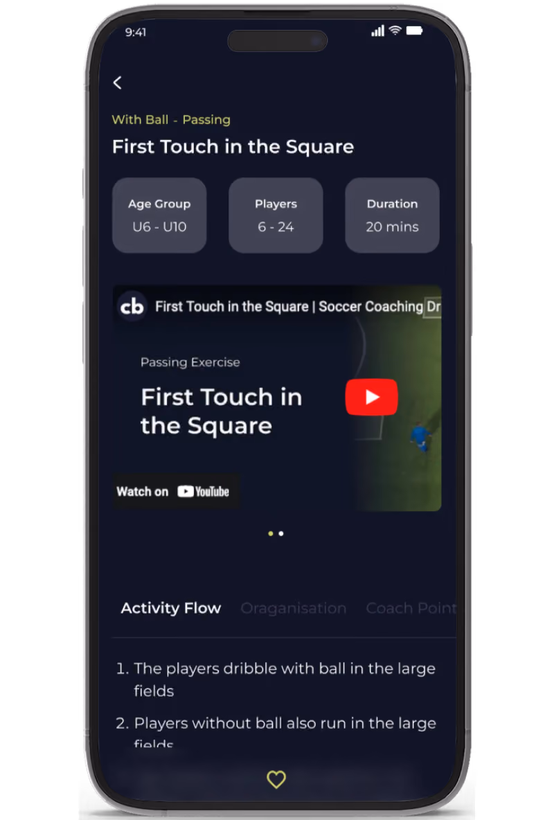 Mobile screen showing a soccer coaching exercise named 'First Touch in the Square' for age group U6-U10 with 6-24 players, duration 20 minutes, and activity instructions.