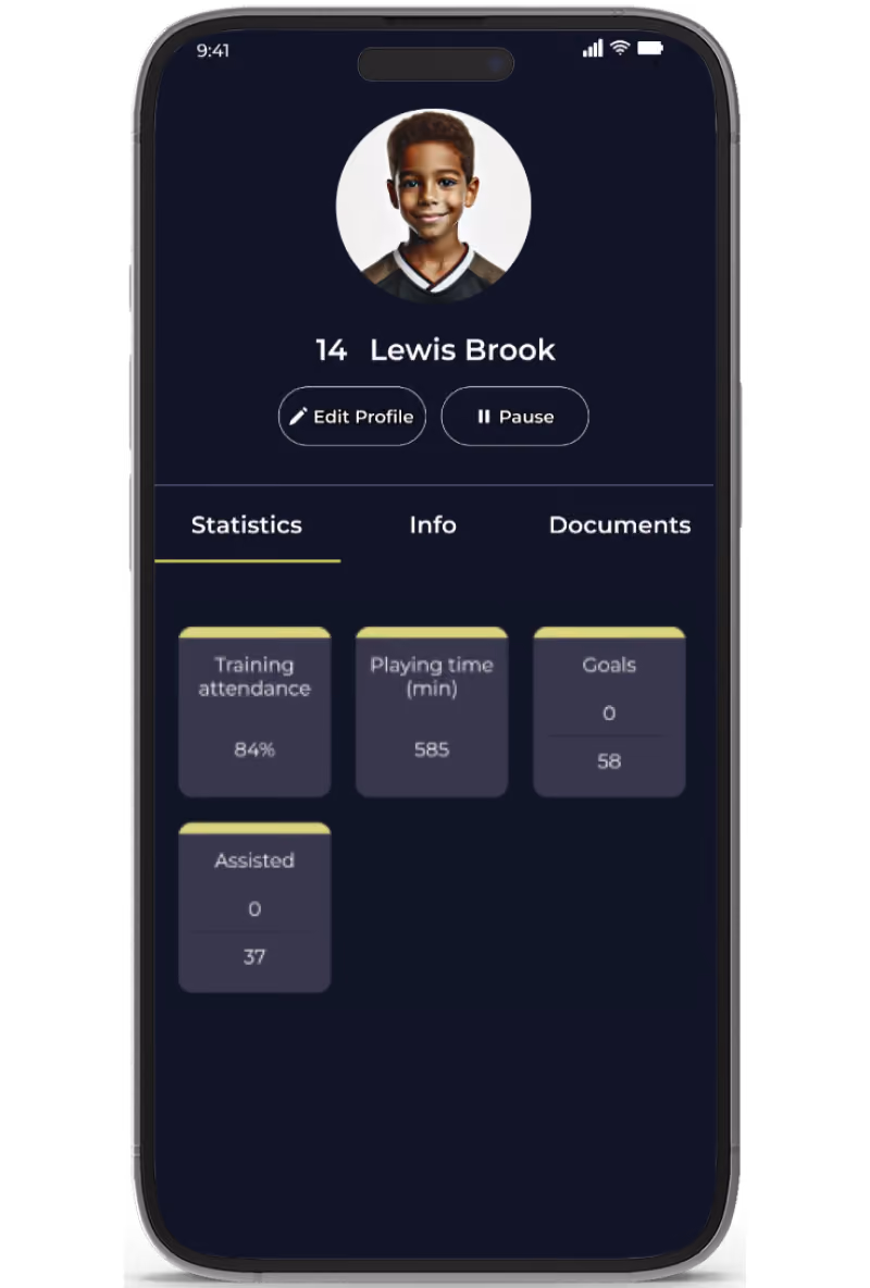 Mobile screen showing soccer player Lewis Brook's profile with photo, jersey number 14, training attendance 84%, playing time 585 minutes, 0 goals scored, and 0 assists.